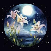 AI generated Watercolor fairy lilies blooming under a starry night sky on a white background. AI Generated photo