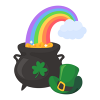 A cloud that shoots a rainbow on a pot full of gold coins with the clover symbol of good luck on st patrick's festival png