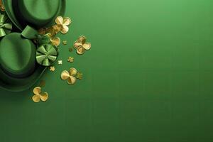 AI generated St Patrick's Day concept. leprechaun headwear gift boxes pot with gold coins. AI Generated photo