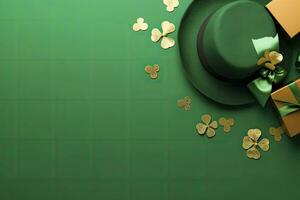 AI generated St Patrick's Day concept. leprechaun headwear gift boxes pot with gold coins. AI Generated photo