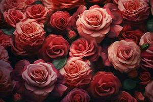 ai generado parte superior ver de Rosa flores como un antecedentes cerca arriba fondo de vistoso rosas ai generado foto