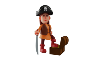 3d illustrazione. grande pirata 3d cartone animato carattere. pirati gestito per trova tesoro. il pirata sollevato uno piede su il esposto tesoro. lei sorrise felicemente a il suo scoperta. 3d cartone animato personaggio png