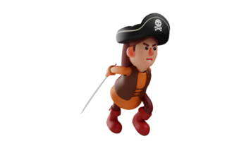 3D illustration. Excited Pirate 3D Cartoon Character. Pirate is  carrying out an attack on the enemy. Pirates ran while carrying sharp swords. 3D cartoon character png