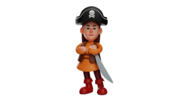 3D illustration. Little Kids 3D Cartoon Character. Kids wearing a pirate costume and hat. Kids had his arms crossed while carrying a knife and showing a frightening expression. 3D cartoon character png