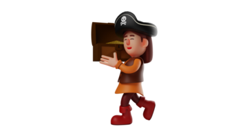 3D illustration. Powerful Pirate 3D Cartoon Character. Female pirate holds up a treasure chest containing piles of gold. The pirate will take the treasure to his house. 3D cartoon character png