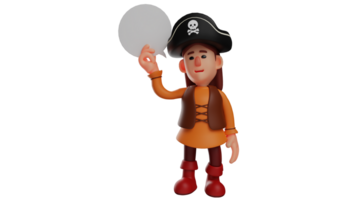 3d illustrazione. inteligente pirata 3d cartone animato carattere. il pirata è pensiero di qualche cosa. pirata avere lungo nero capelli. pirata mostrato un' grave espressione. 3d cartone animato personaggio png