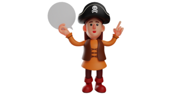 3D illustration. Friendly Pirate 3D Cartoon Character. The pirate waves his hand at someone he meets. Pirate smiled. Little girl wearing a pirate costume. 3D cartoon character png