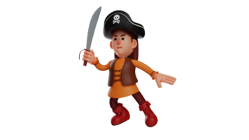 3d ilustración. valiente pirata 3d dibujos animados personaje. pirata es frente a su enemigos. un pequeño pirata quien columpios un agudo cuchillo a el adversario y muestra un horrible expresión. 3d dibujos animados personaje png