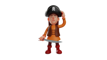 3D illustration. Sweet Pirate 3D Cartoon Character. A little girl smiling while touching the hat she was wearing. Beautiful girl wearing a pirate costume complete with a knife. 3D cartoon character png