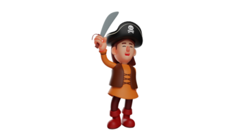 3D illustration. Pirate 3D Cartoon Character. A little pirate holding a sword. Adorable pirate smiling and wearing a nice costume. The pirate raised his sword proudly. 3D cartoon character png