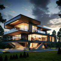 AI generated 3D rendering of modern house modern cozy house with garage for sale or rent with beautiful landscaping on background Ai generated photo