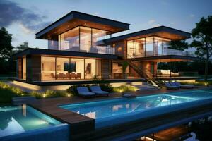 AI generated 3D rendering of modern house modern cozy house with garage for sale or rent with beautiful landscaping on background Ai generated photo