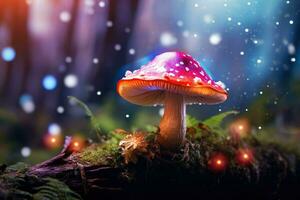 AI generated Fantasy mushroom with bokeh light in the forest at night 3d illustration of abstract background Ai generated photo