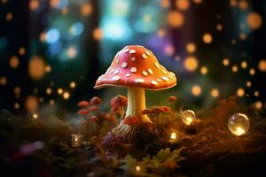 AI generated Fantasy mushroom with bokeh light in the forest at night 3d illustration of abstract background Ai generated photo