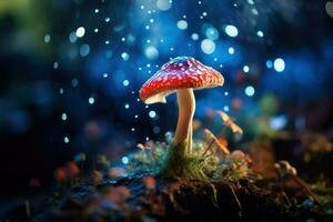 AI generated Fantasy mushroom with bokeh light in the forest at night 3d illustration of abstract background Ai generated photo