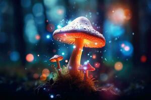 AI generated Fantasy mushroom with bokeh light in the forest at night 3d illustration of abstract background Ai generated photo