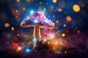 AI generated Fantasy mushroom with bokeh light in the forest at night 3d illustration of abstract background Ai generated photo