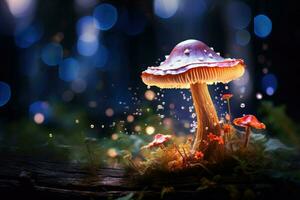 AI generated Fantasy mushroom with bokeh light in the forest at night 3d illustration of abstract background Ai generated photo