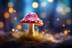 AI generated Fantasy mushroom with bokeh light in the forest at night 3d illustration of abstract background Ai generated photo