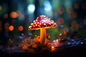 AI generated Fantasy mushroom with bokeh light in the forest at night 3d illustration of abstract background Ai generated photo