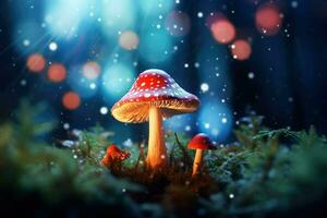 AI generated Fantasy mushroom with bokeh light in the forest at night 3d illustration of abstract background Ai generated photo