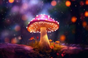 AI generated Fantasy mushroom with bokeh light in the forest at night 3d illustration of abstract background Ai generated photo