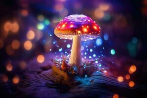 AI generated Fantasy mushroom with bokeh light in the forest at night 3d illustration of abstract background Ai generated photo