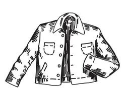 Doodle of denim jacket. Outline drawing of spring outerwear. Hand drawn vector illustration clipart isolated on white.