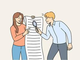 Man and woman are studying business document using magnifying glass to look for hidden information vector