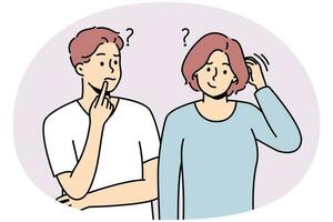 Confused man and woman thinking solving problem together. Frustrated couple feel unsure or doubtful look for solution or decision. Vector illustration.