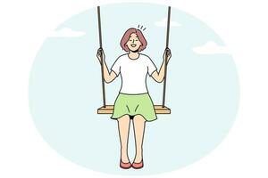 Smiling young woman sit on swing in clouds dreaming. Happy girl swaying on tilt in sky. Dreamer and visualization. Vector illustration.