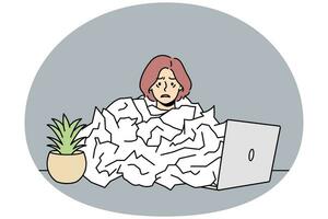 Tired female employee under paper pile overwhelmed with work in office. Exhausted woman overworked at workplace. Burnout and fatigue. Vector illustration.