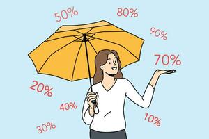 Shopaholic woman stands among numbers symbolizing size discount in store and holds umbrella in hand vector