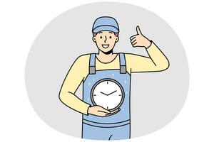 hombre sonriente en uniforme sosteniendo el reloj en las manos mostrando el pulgar hacia arriba. trabajador masculino feliz con cuidado del reloj sobre la gestión del tiempo y la fecha límite. ilustración vectorial vector