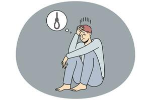 Depressed young man thinking of suicide. Unwell sad male feel depression suffer from mental problems want to end life. Vector illustration.