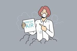 Woman suffers from air pollution and shows paper with text fresh air stands in protective mask vector