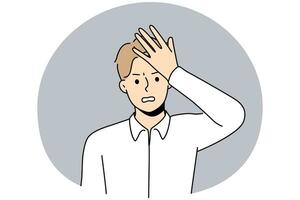 Stressed man make hand gesture remembering something vector