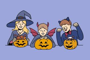 Children in halloween attire hold pumpkins with treats, rejoicing in coming of october 31st holiday vector