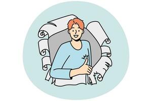 Smiling young man look from paper hole show thumb up. Happy guy recommend good service or offer. Client feedback and recommendation. Vector illustration.