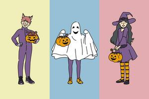 Cheerful kids in halloween outfits invite to go for treats and hold pumpkins in hands vector