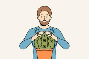 hombre es asustado y toques cactus y obtiene herida para concepto problemas asociado con sin afeitar pelo vector