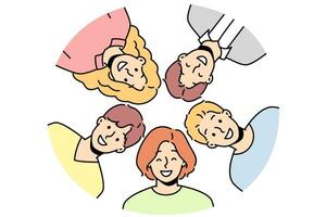 Portrait of smiling diverse friends posing together in circle. Group picture of happy multiracial people show unity and friendship. Vector illustration.