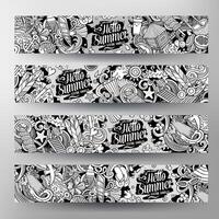 Cartoon cute doodles Summer Beach horizontal banners set vector