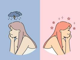 Women in opposite mood with thundercloud and spring flowers overhead as metaphor for influence of climate on emotions. Girl with long hair feels change in mood in different seasons vector