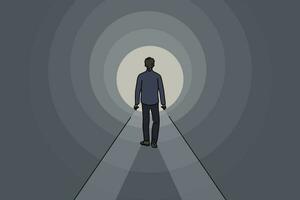 Man walks through tunnel towards exit, striving to achieve success and get out problematic situation vector