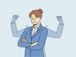 Strong business woman stands with arms crossed near imaginary biceps, symbolizing self-confidence vector