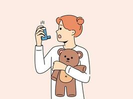 Little girl with asthma uses inhaler to restore breathing during attack and holds teddy bear vector