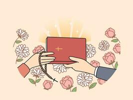 Hands of people with christian bible near flowers, during exchange of religious literature with prayers or gospel. Holy bible with crucifix on cover for those who honor orthodox or catholic faith vector