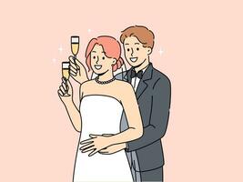 Newlywed man and woman stand in embrace and hold glasses of champagne during wedding ceremony vector