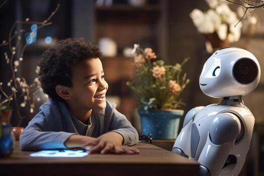 AI generated Smiling boy talking with the AI robots Ai generated photo